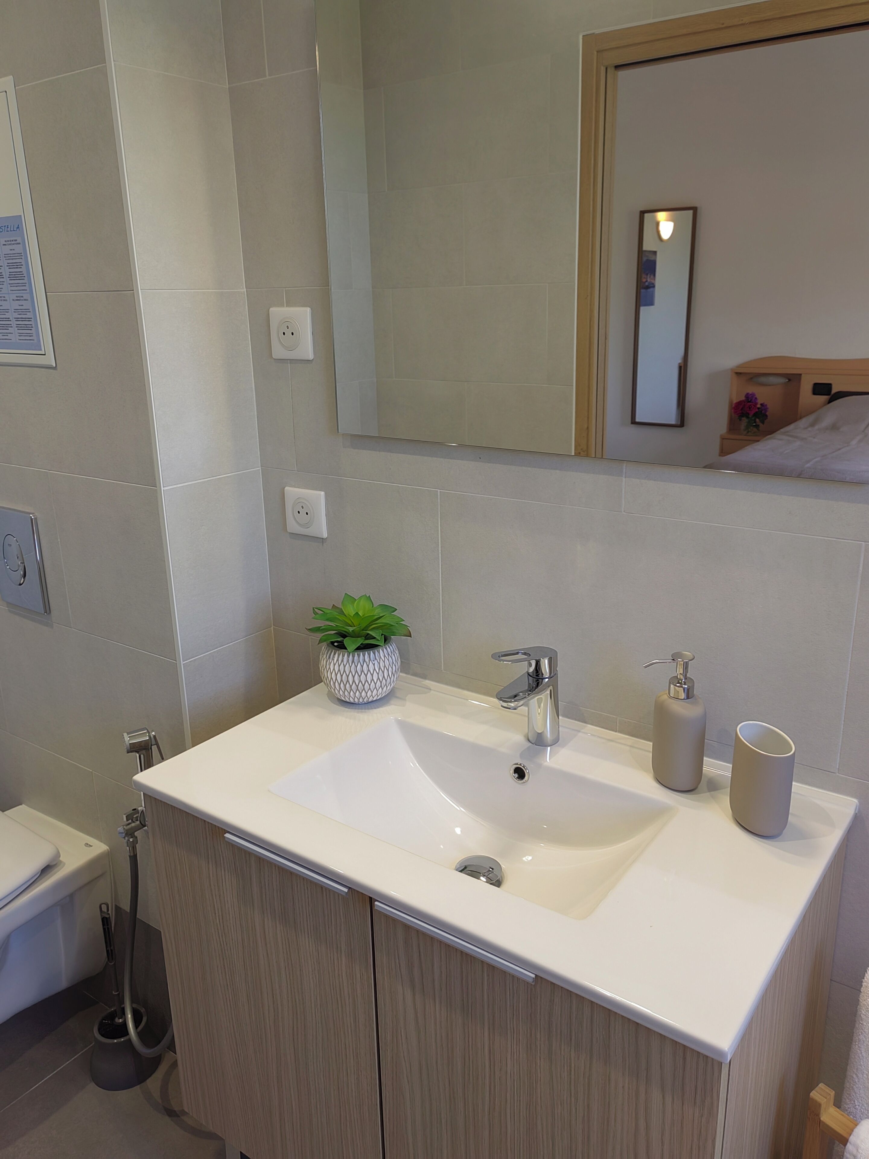 Une salle de bain avec un lavabo blanc, un miroir, une plante en pot et des toilettes.