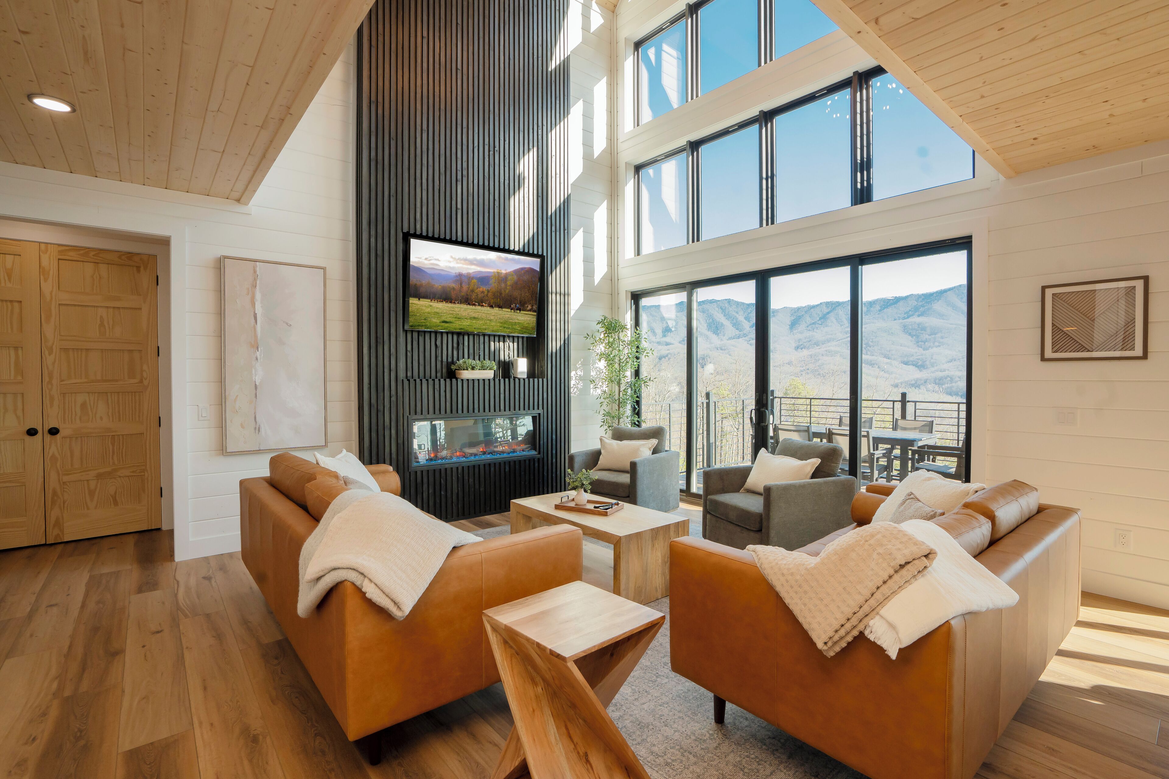 TV, fireplace, video games, foosball