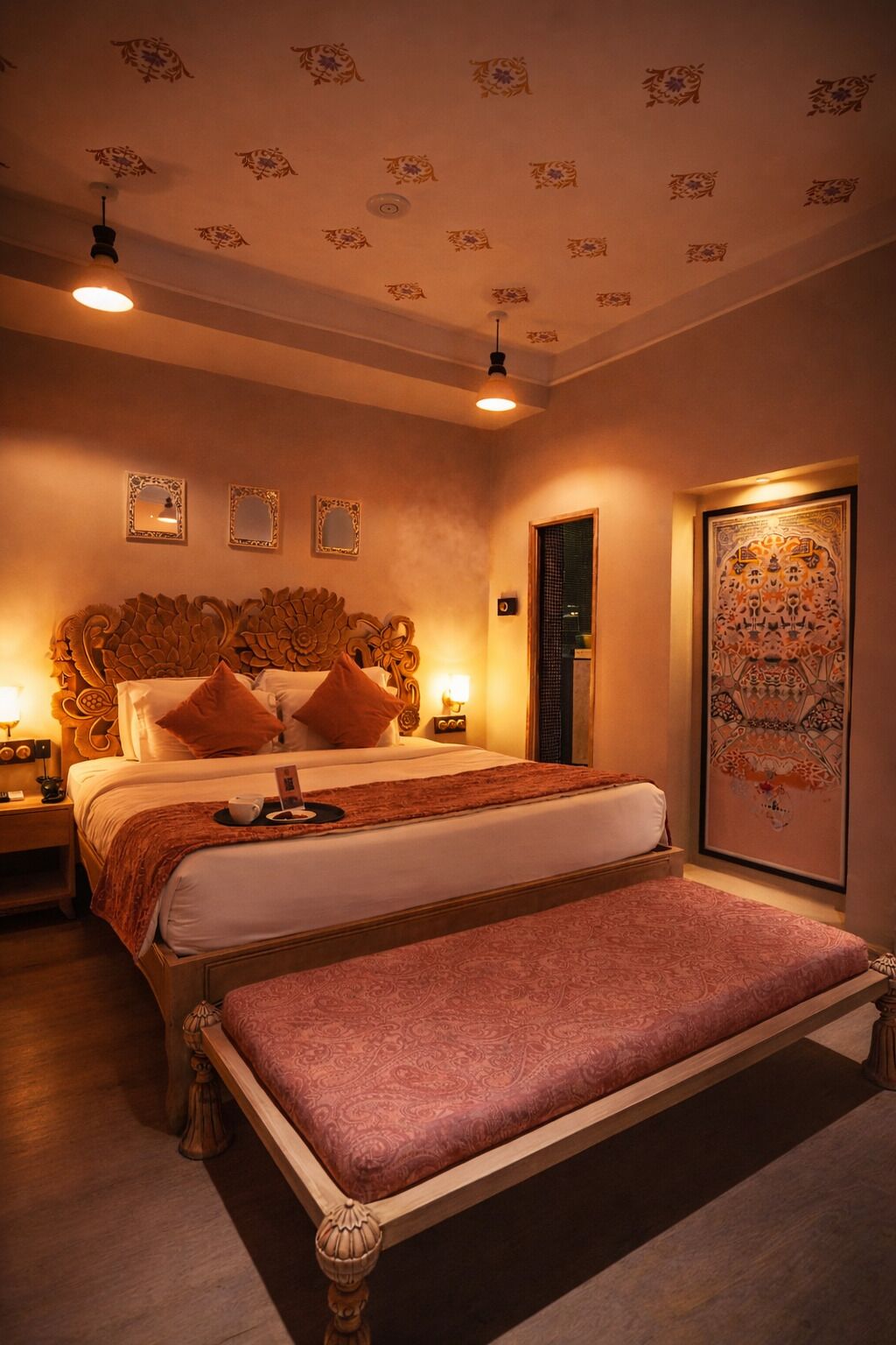 Una habitación de hotel con una cama grande, un banco, un ventilador de techo y una obra de arte en la pared.