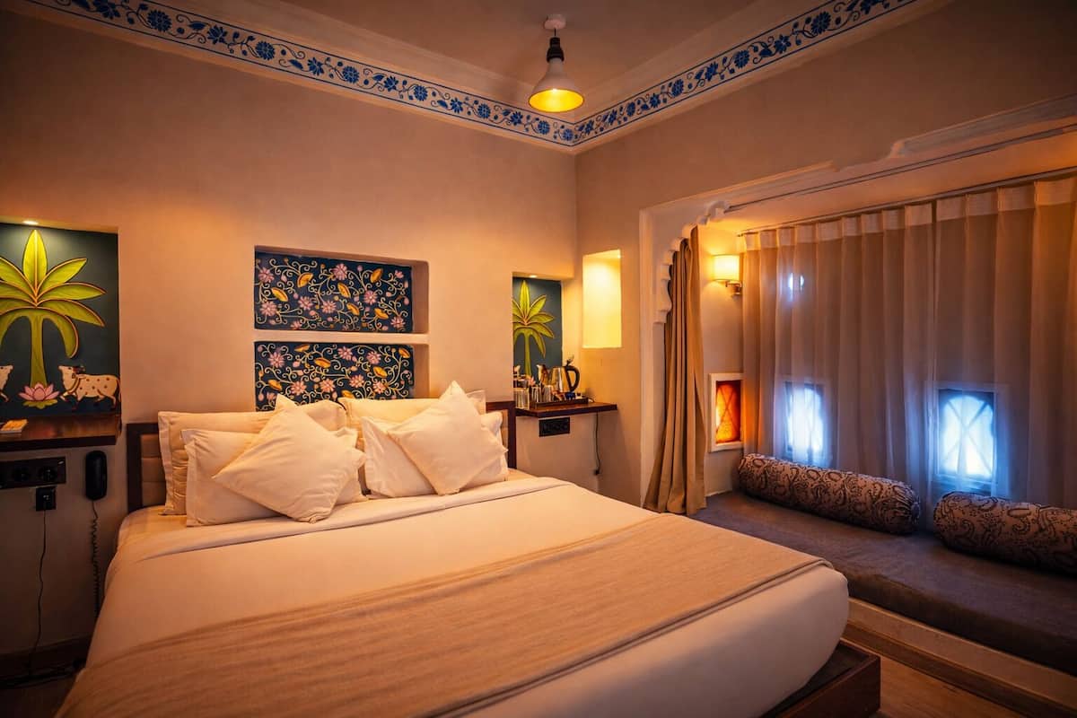 Habitación de hotel con una cama grande, una mesita de noche con lámpara, una pared decorativa con motivos florales y una ventana con cortinas.