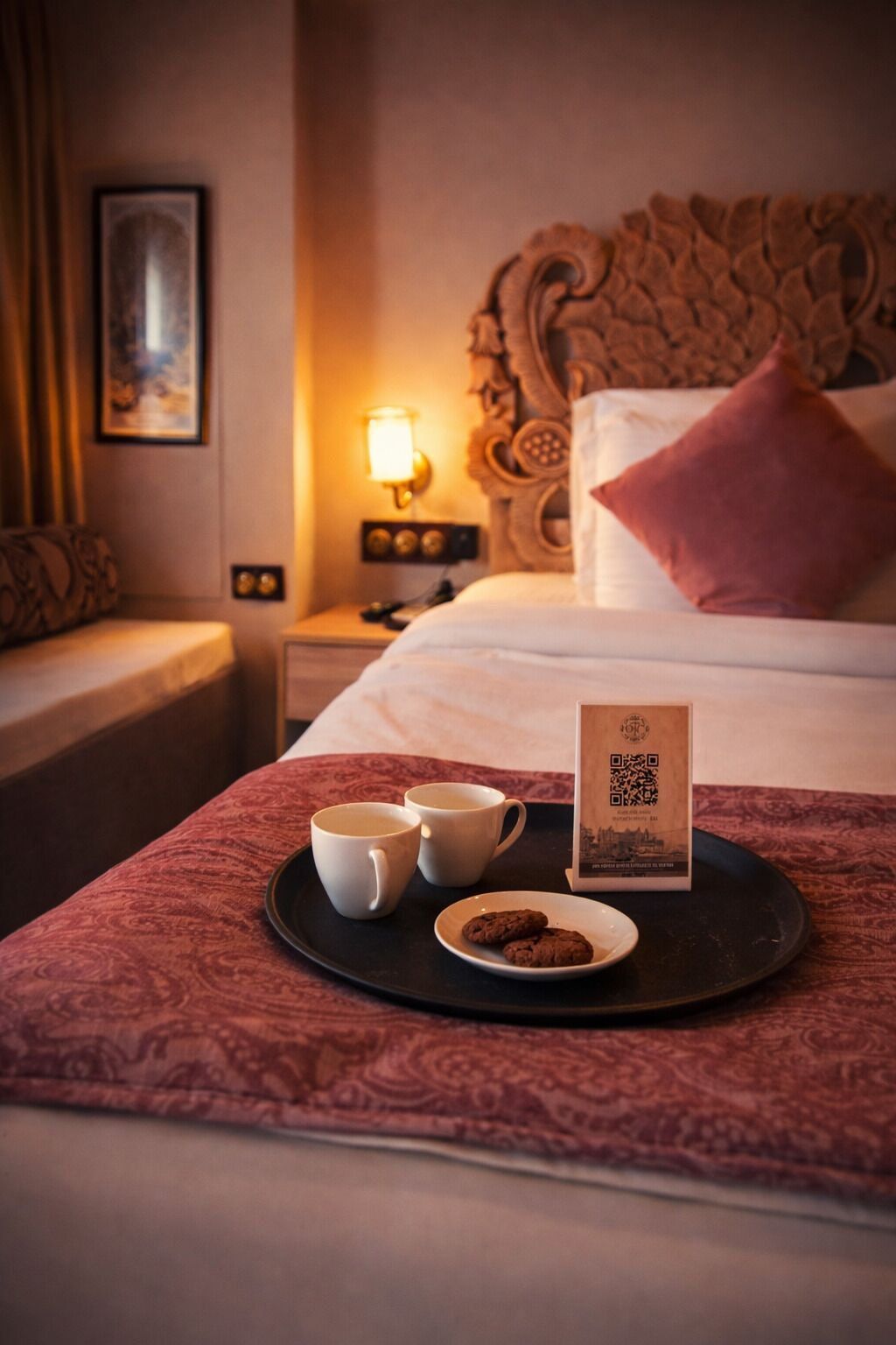Ett hotellrum med en säng, ett nattduksbord med en lampa, ett bricka med kaffekoppar och kakor samt en skylt med en QR-kod.