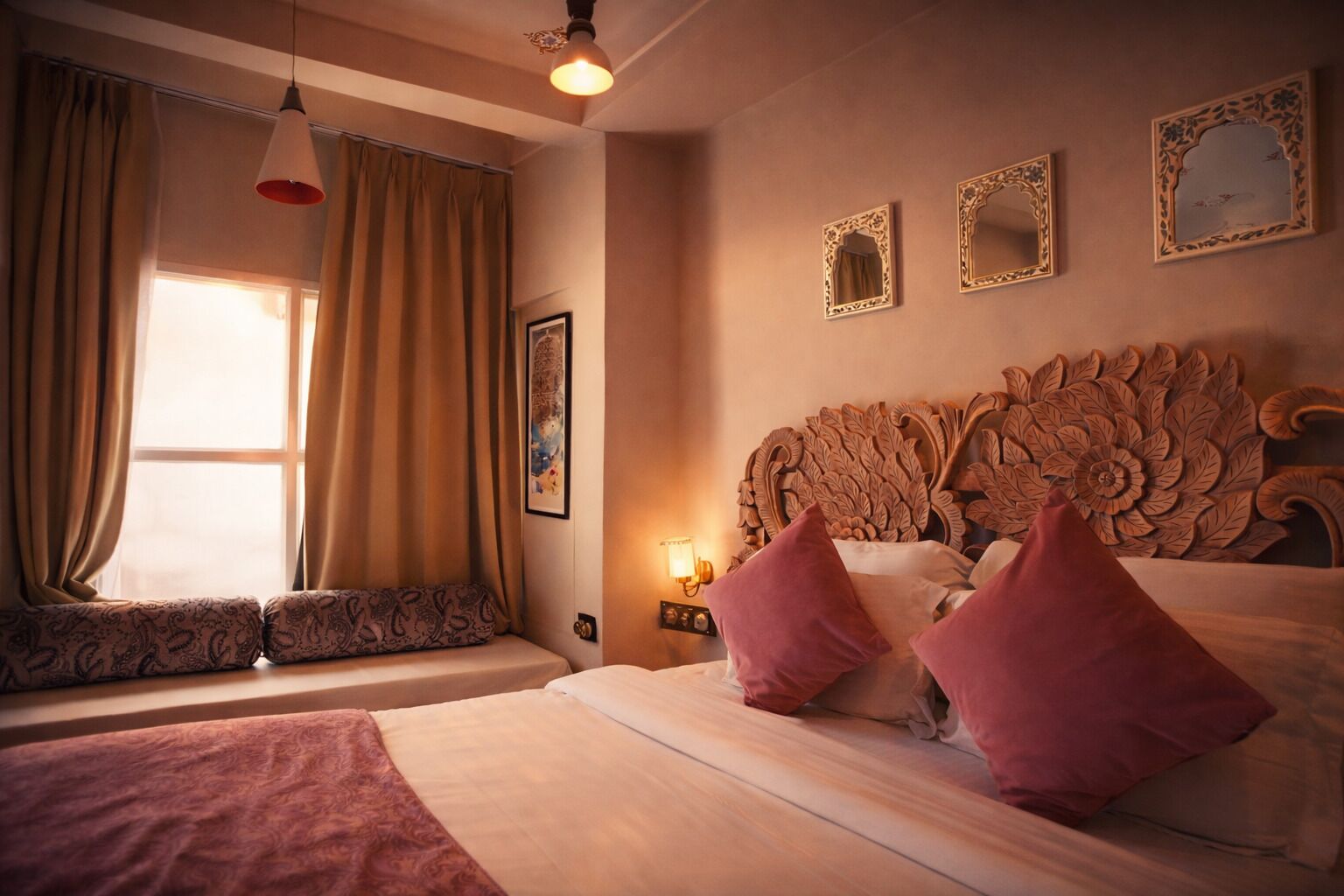 A bedroom with a large bed, a window with curtains, a wall-mounted mirror, and a decorative headboard.
