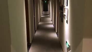 Een lange, smalle hotelgang met deuren aan beide kanten en een vloerbedekking.