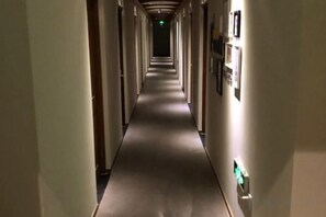 Een lange, smalle hotelgang met deuren aan beide kanten en een vloerbedekking.