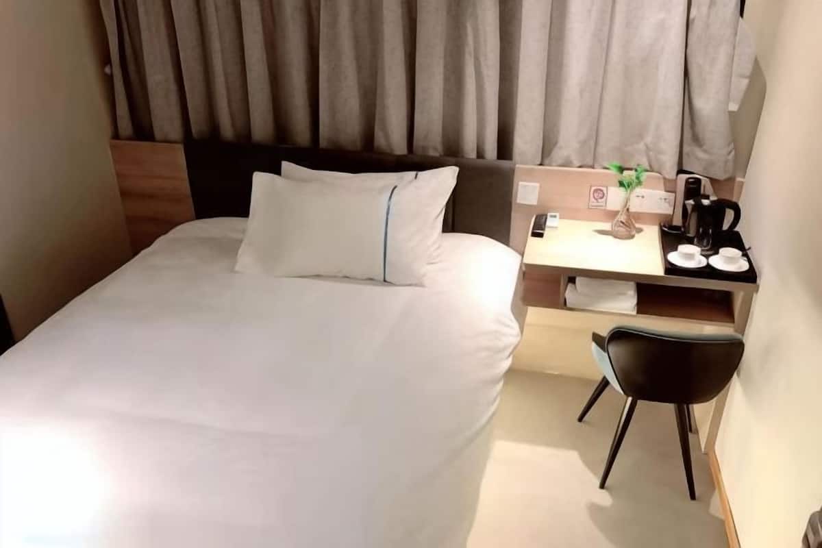 A hotel room with a bed, a desk with a chair, a coffee maker, and a small plant.