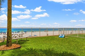 A beachside area with a wooden deck, picnic tables, and a palm tree.