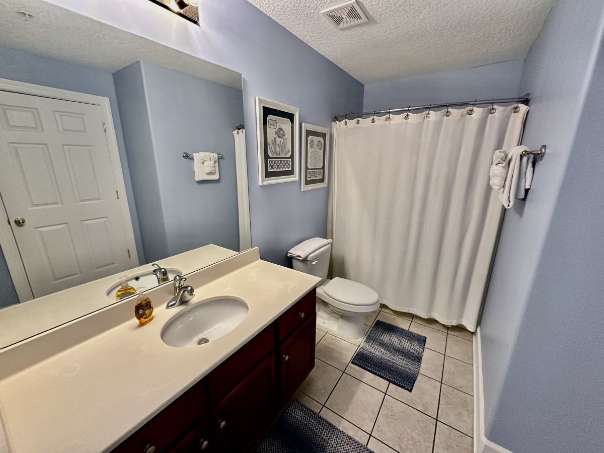 Une salle de bain avec un lavabo blanc, un miroir et des toilettes. Des tableaux encadrés ornent le mur, et il y a un rideau de douche.
