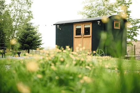 A small, dark-colored wooden structure with a single door and window, surrounded by greenery and a fence.. Cosy en suite shepherd hut on the grounds of Historic building Samlesbury Hall