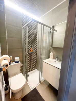 A modern bathroom with a glass-enclosed shower, a toilet, a sink, and a mirror.