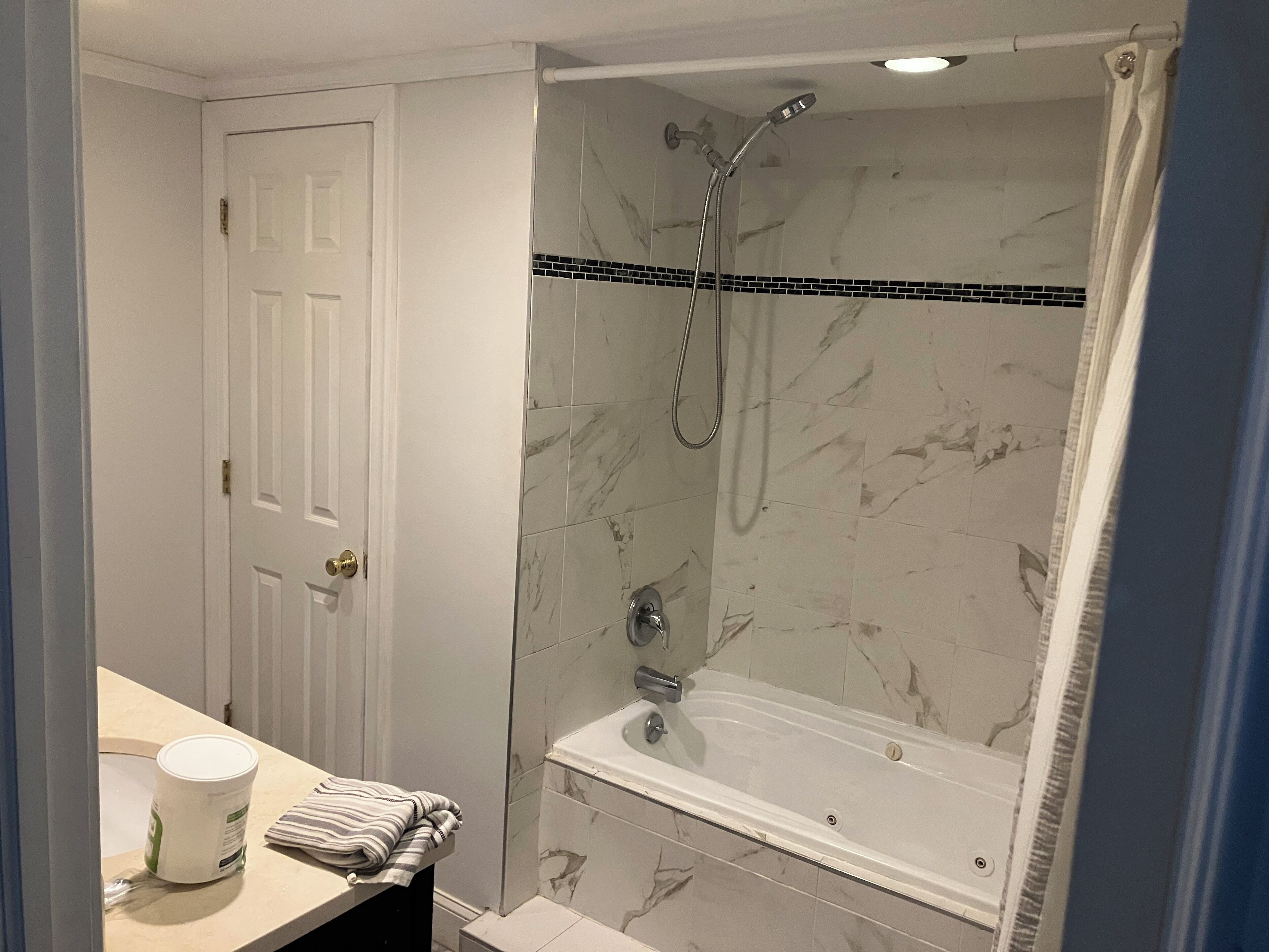 Hair dryer, towels, soap, toilet paper
