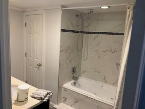 Hair dryer, towels, soap, toilet paper