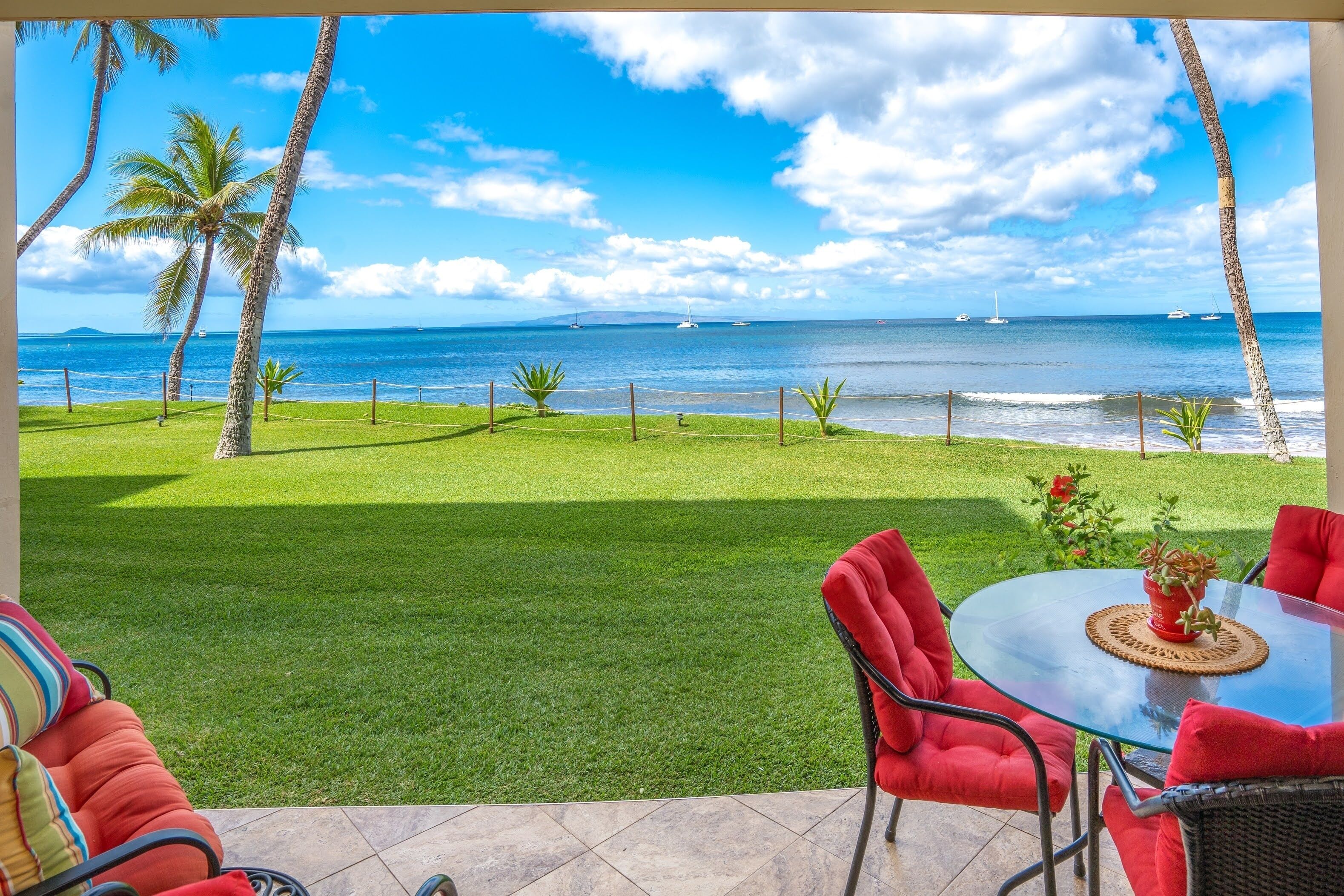 Une terrasse avec une table en verre et des chaises rouges, donnant sur un espace verdoyant agrémenté de palmiers et offrant une vue sur l’océan.