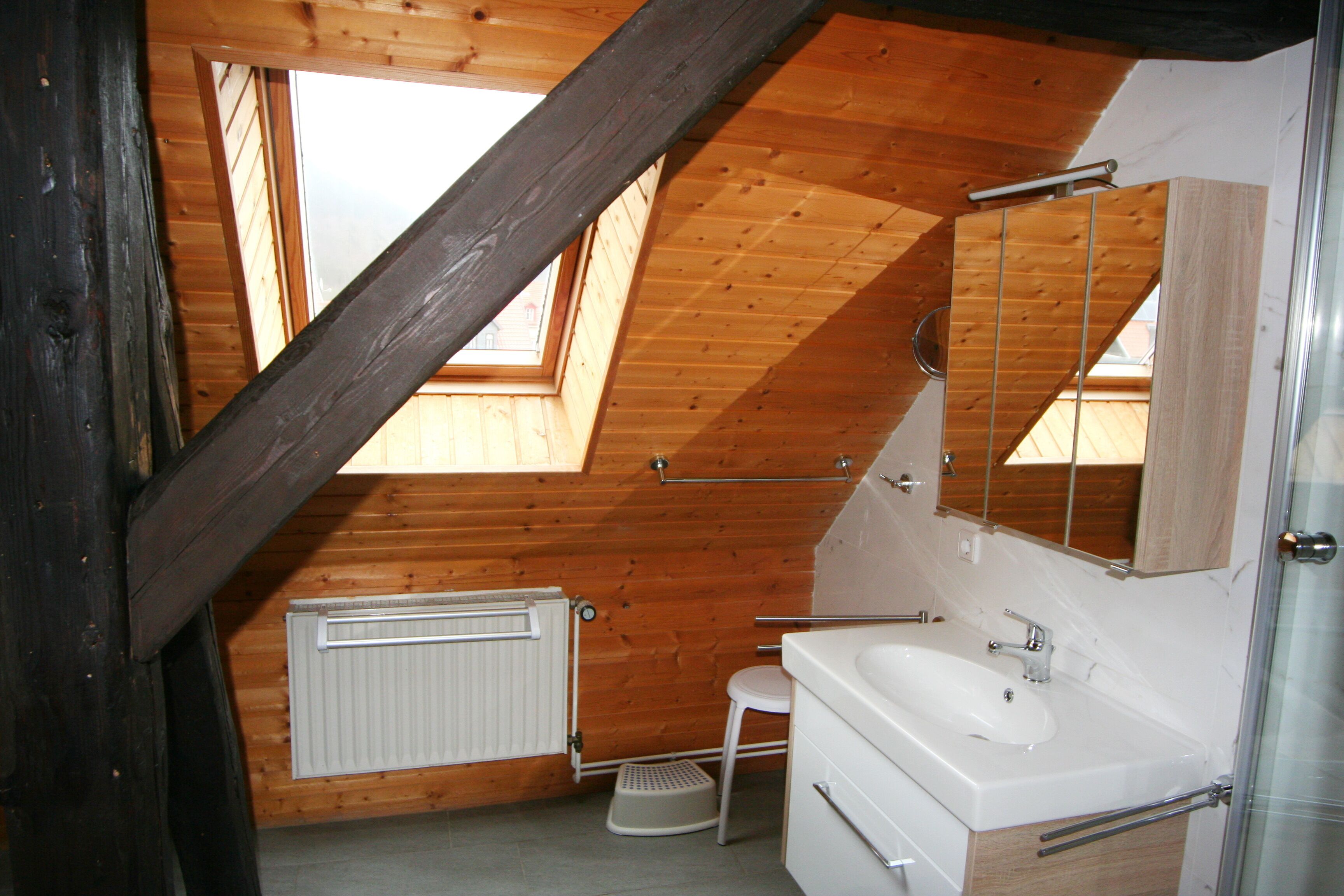A small, wooden-paneled bathroom with a skylight, a white sink, and a mirror.