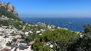 A coastal town with buildings, a prominent cliff, and boats on the sea. - Cozy Caprese house with breathtaking views of the island (Capri)
