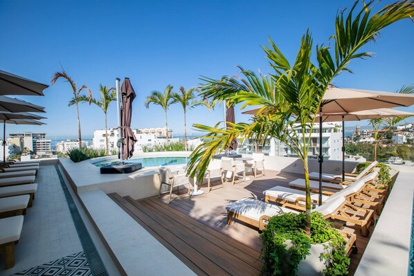 A rooftop pool area with lounge chairs, umbrellas, and palm trees.