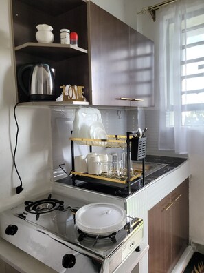 Fridge, microwave, electric kettle, cookware/dishes/utensils