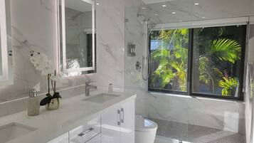 Shower, hair dryer, bidet, towels