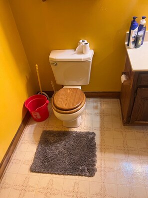 Une salle de bain avec des toilettes, un seau rouge et des articles de toilette rangés sur une étagère.
