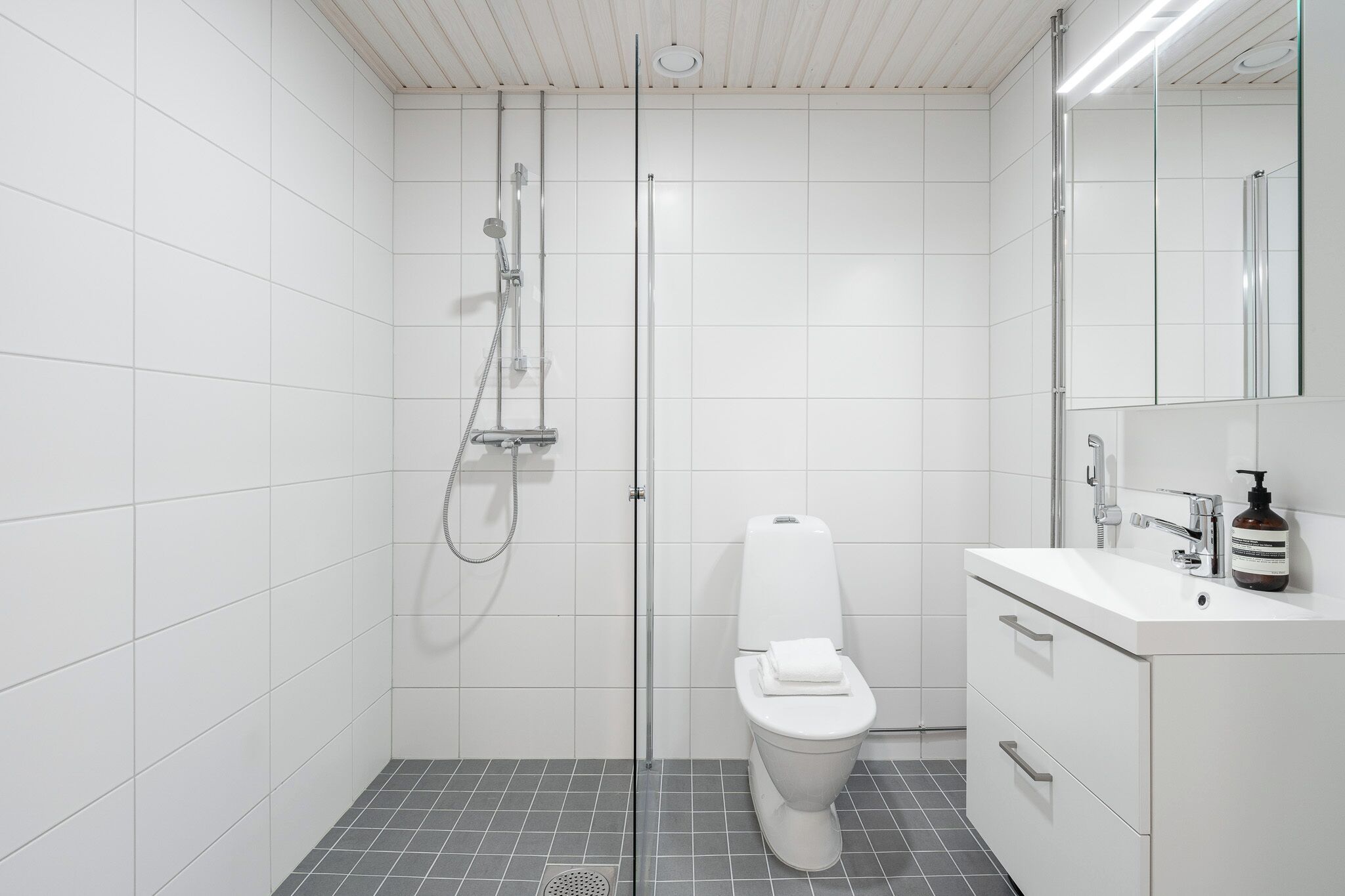 Basic-Apartment, Blick auf den Innenhof | Badezimmer | Dusche, Haartrockner, Bidet, Handtücher