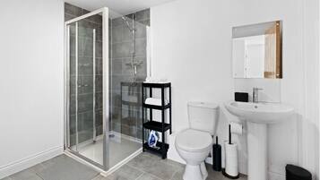 Shower, towels, toilet paper