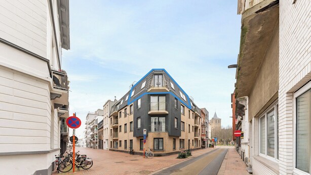 Une rue étroite bordée d’un immeuble remarquable, avec un toit à pignon bien visible et des balcons.
