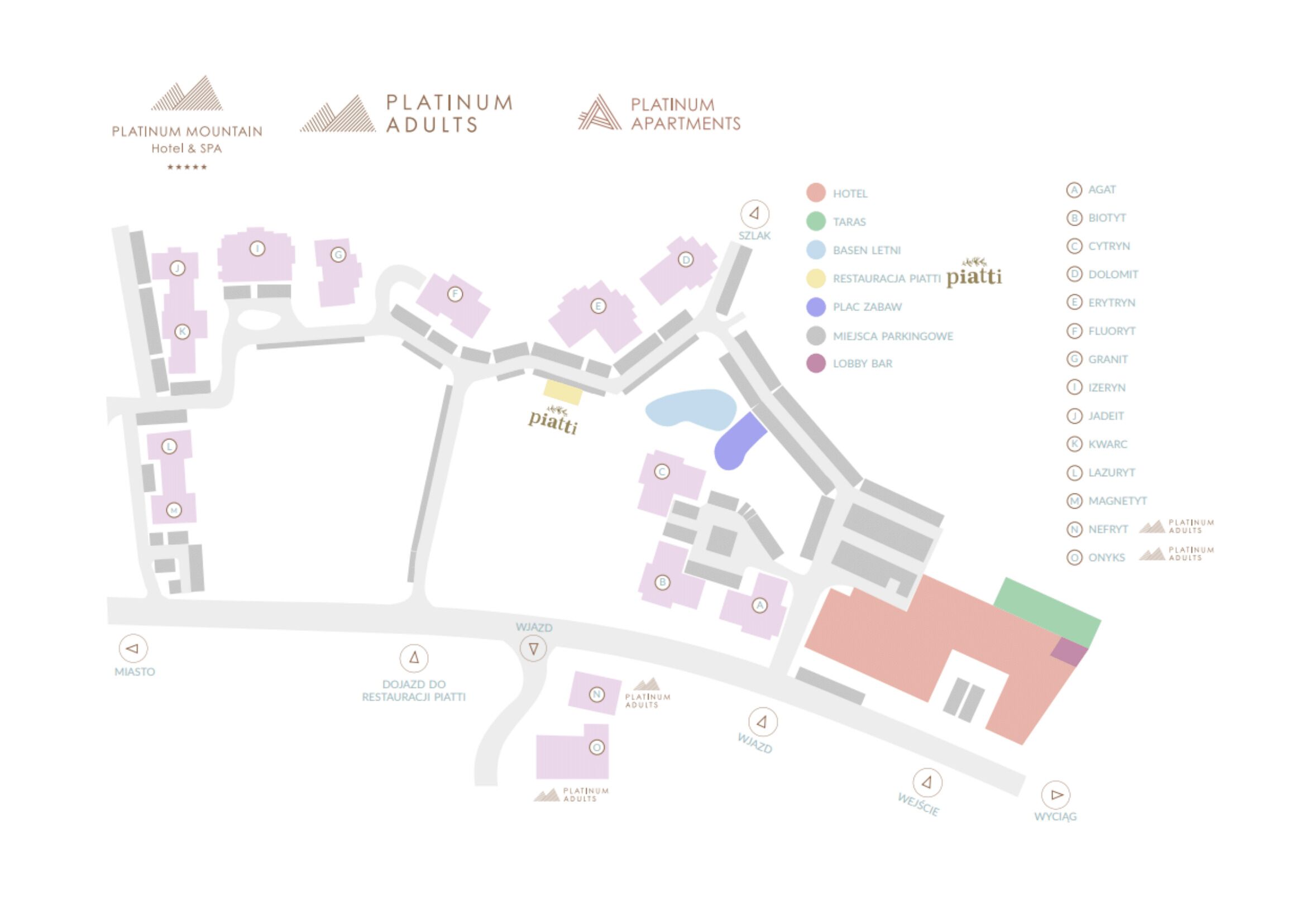 Un mapa de la zona de un hotel, con diversos servicios como alojamiento, restaurantes y aparcamiento.