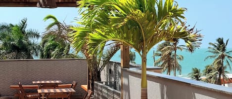 A terrace with wooden furniture, a palm tree, and a view of the ocean.