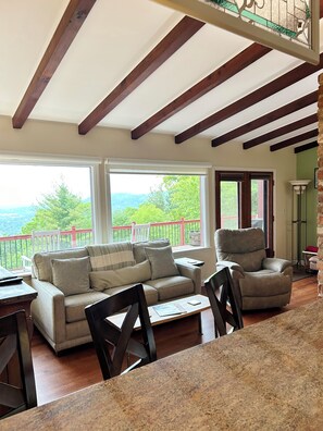 TV connectée, cheminée, lecteur de DVD, livres