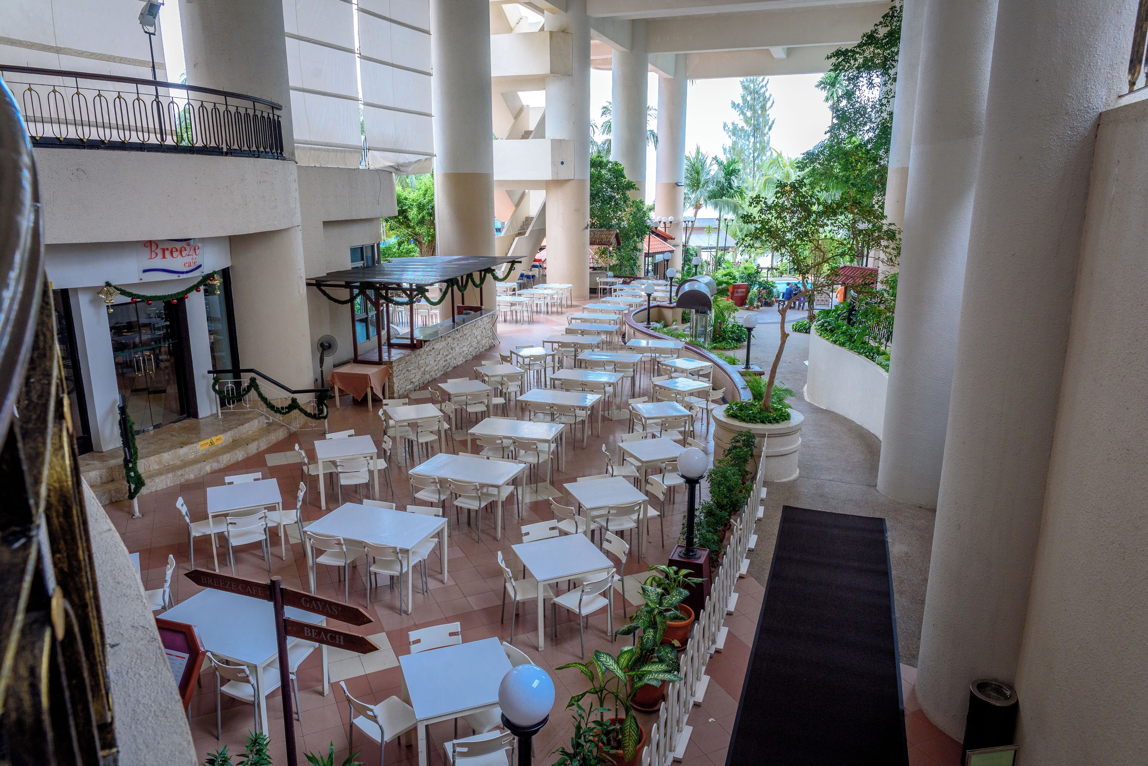 Un patio interior con varias mesas y sillas dispuestas en filas, rodeado de columnas grandes y plantas en macetas.
