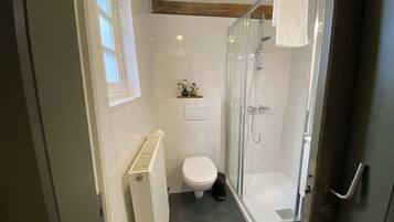 Un bagno moderno con box doccia in vetro, un water bianco e un termosifone.