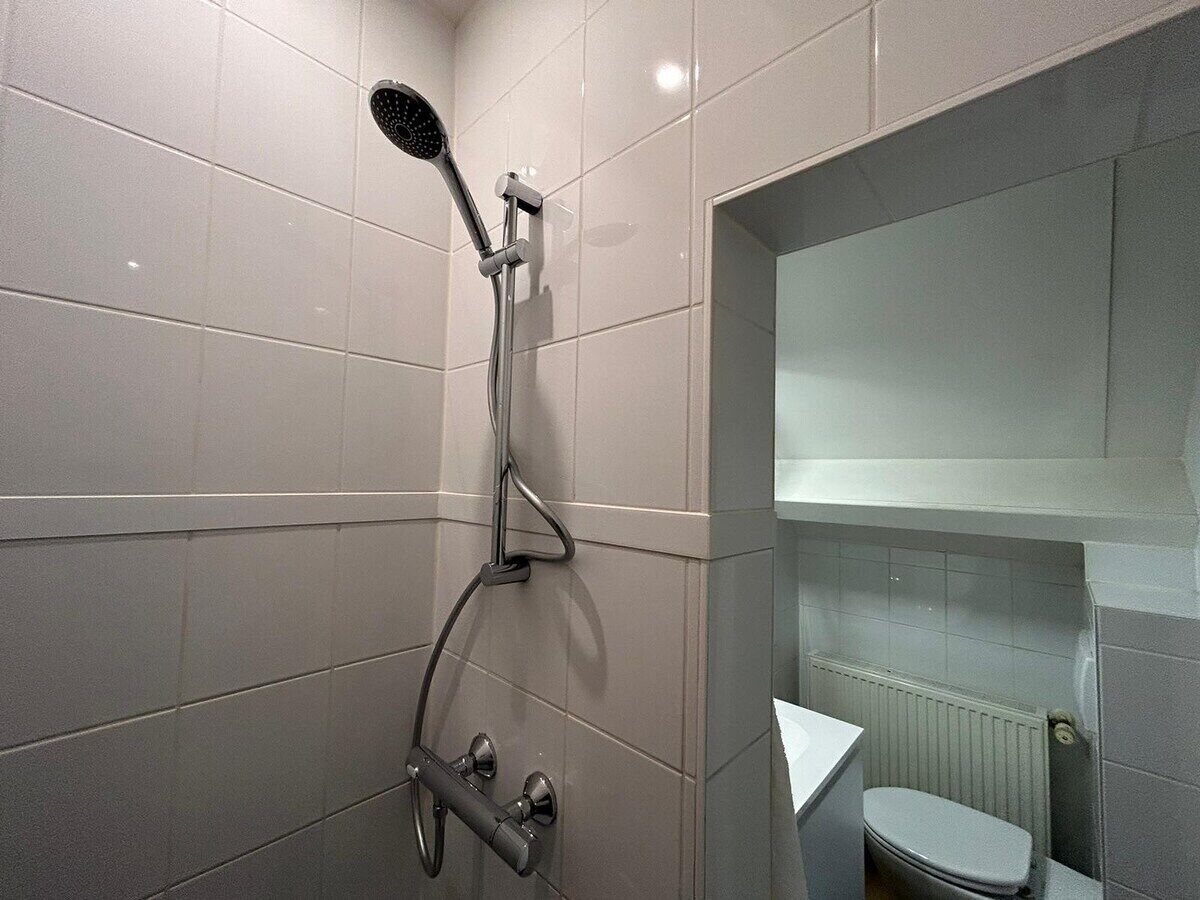 Un baño con ducha, inodoro y radiador.