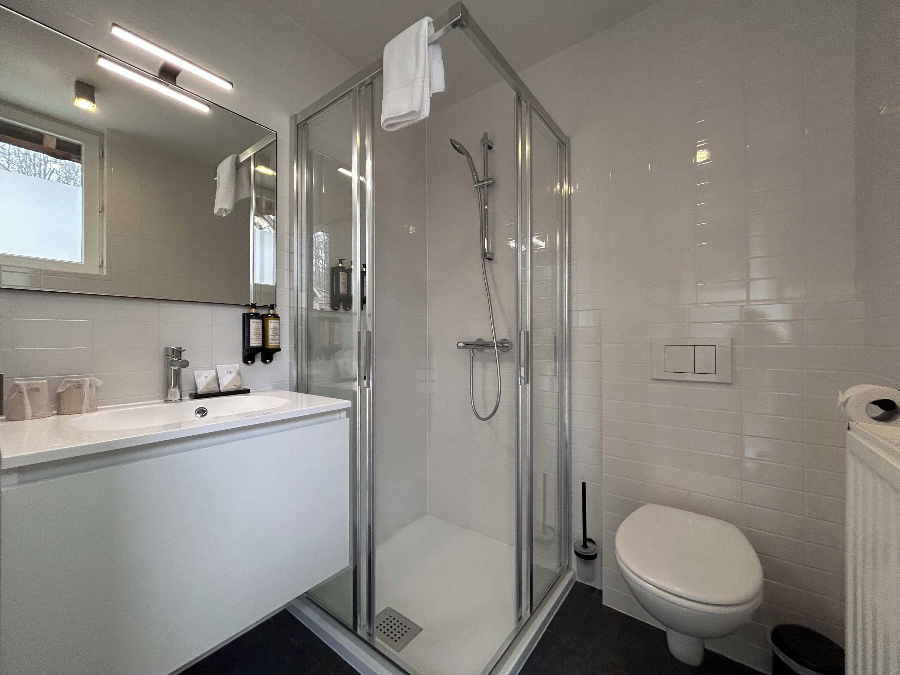 A modern bathroom with a glass-enclosed shower, a white sink, and a toilet.