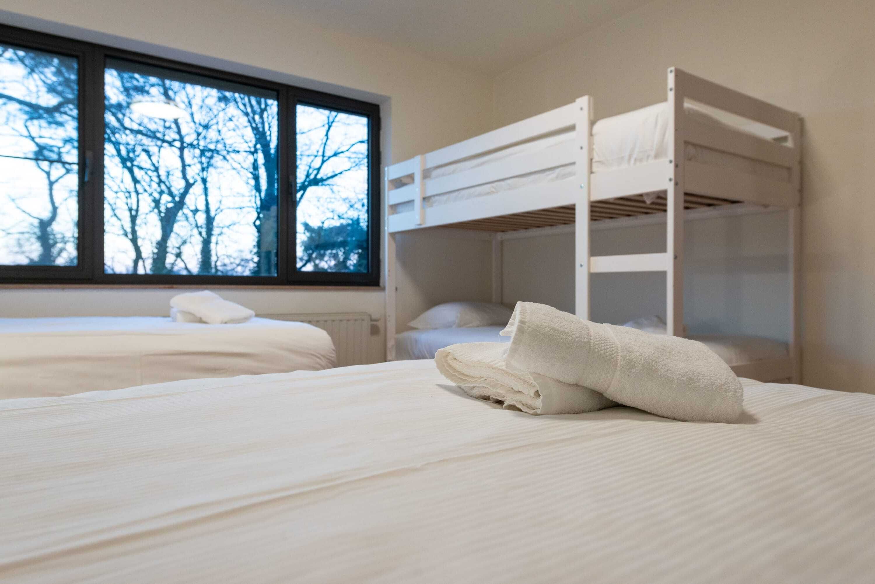 A room with bunk beds and a window with a view of trees.