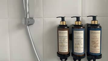 Douche, sĂšche-cheveux, serviettes fournies, savon