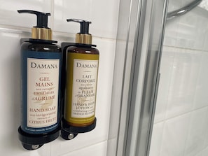 Shower, hair dryer, towels, soap