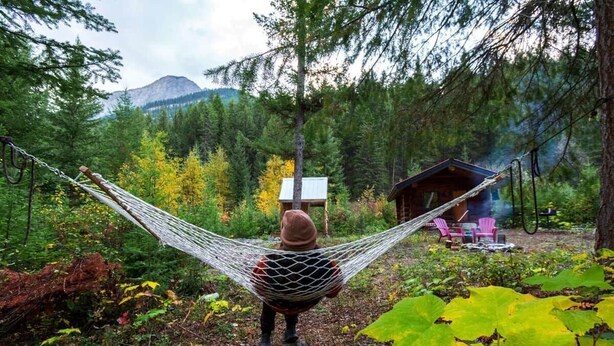 A person in a hammock in a forested area with a cabin in the background. - Off-Grid WoodLog Cabin (Blaeberry)