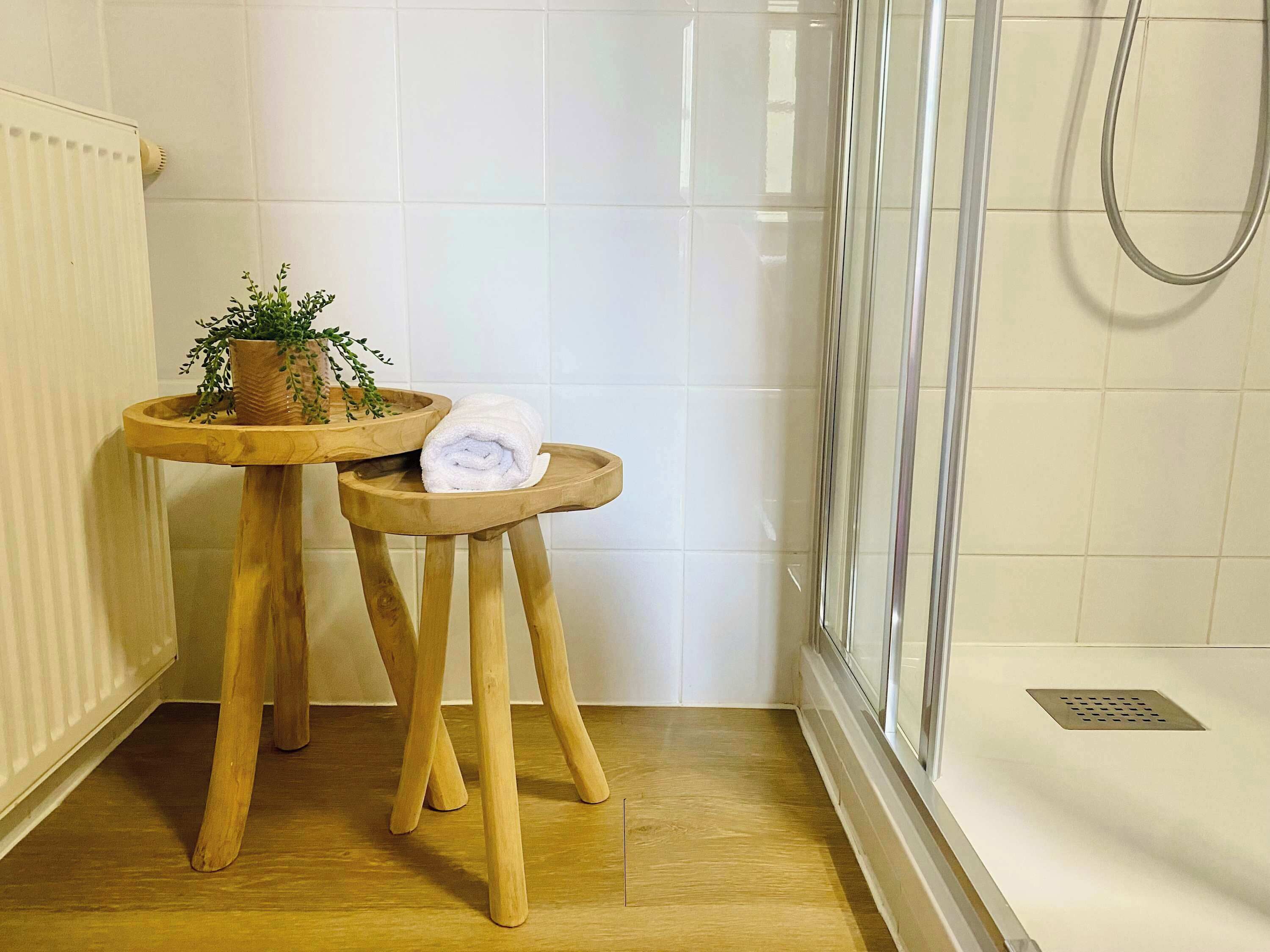 A bathroom with a wooden stool, a potted plant, and a rolled towel.