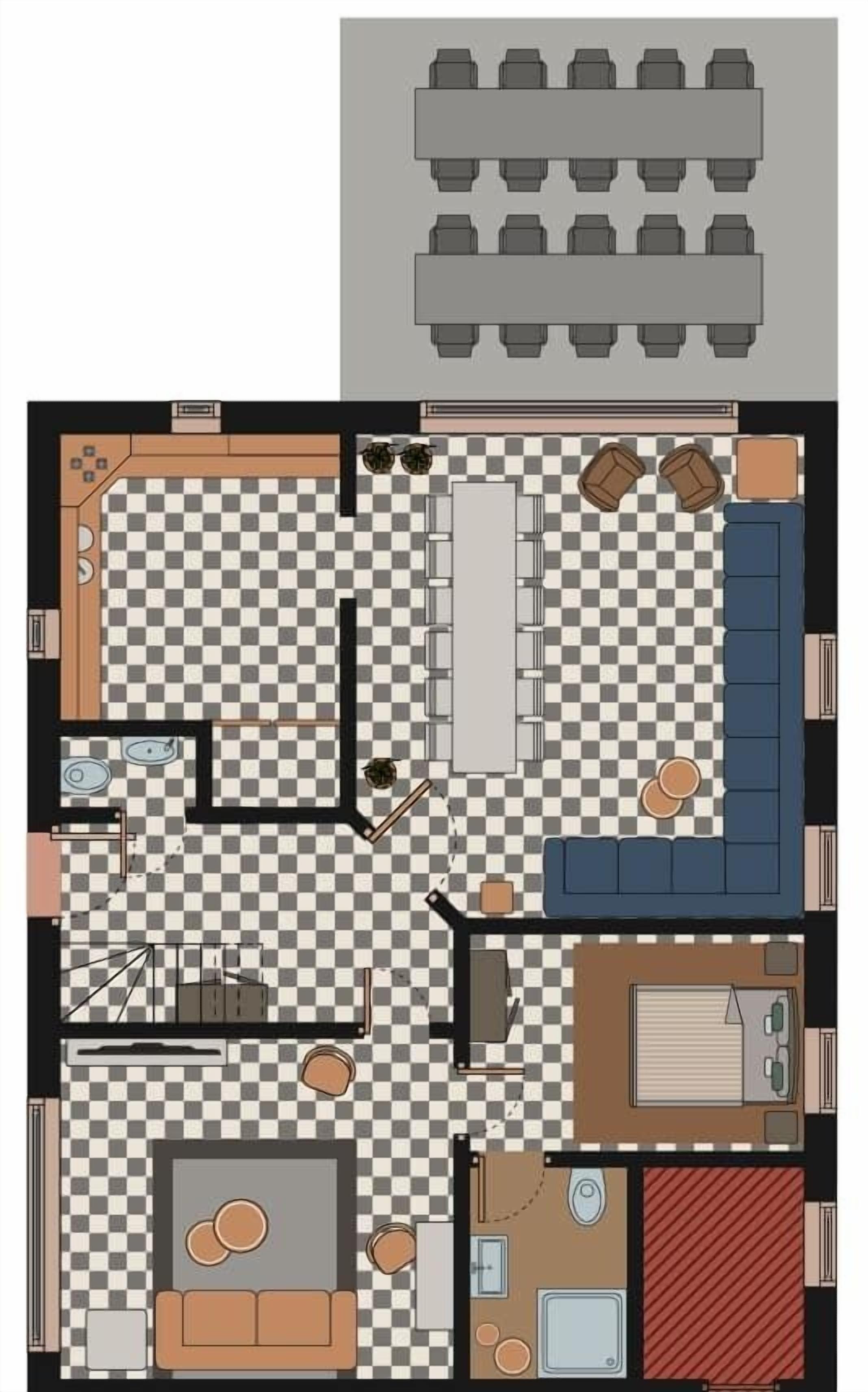 Ein Hotelgrundriss mit Schachbrettmuster, einer Essecke mit Tischen und Stühlen, einer Sitzecke mit Sofas und einem separaten Zimmer mit einem Bett.