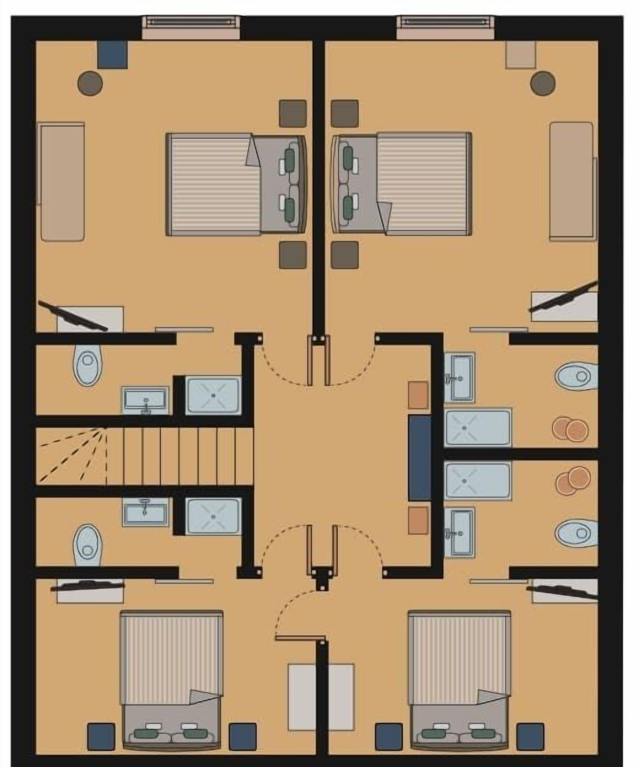 A floor plan of a hotel with two bedrooms, a bathroom, a kitchen, and a dining area.