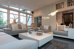 Télévision, cheminée, chaîne hi-fi, espaces bureaux