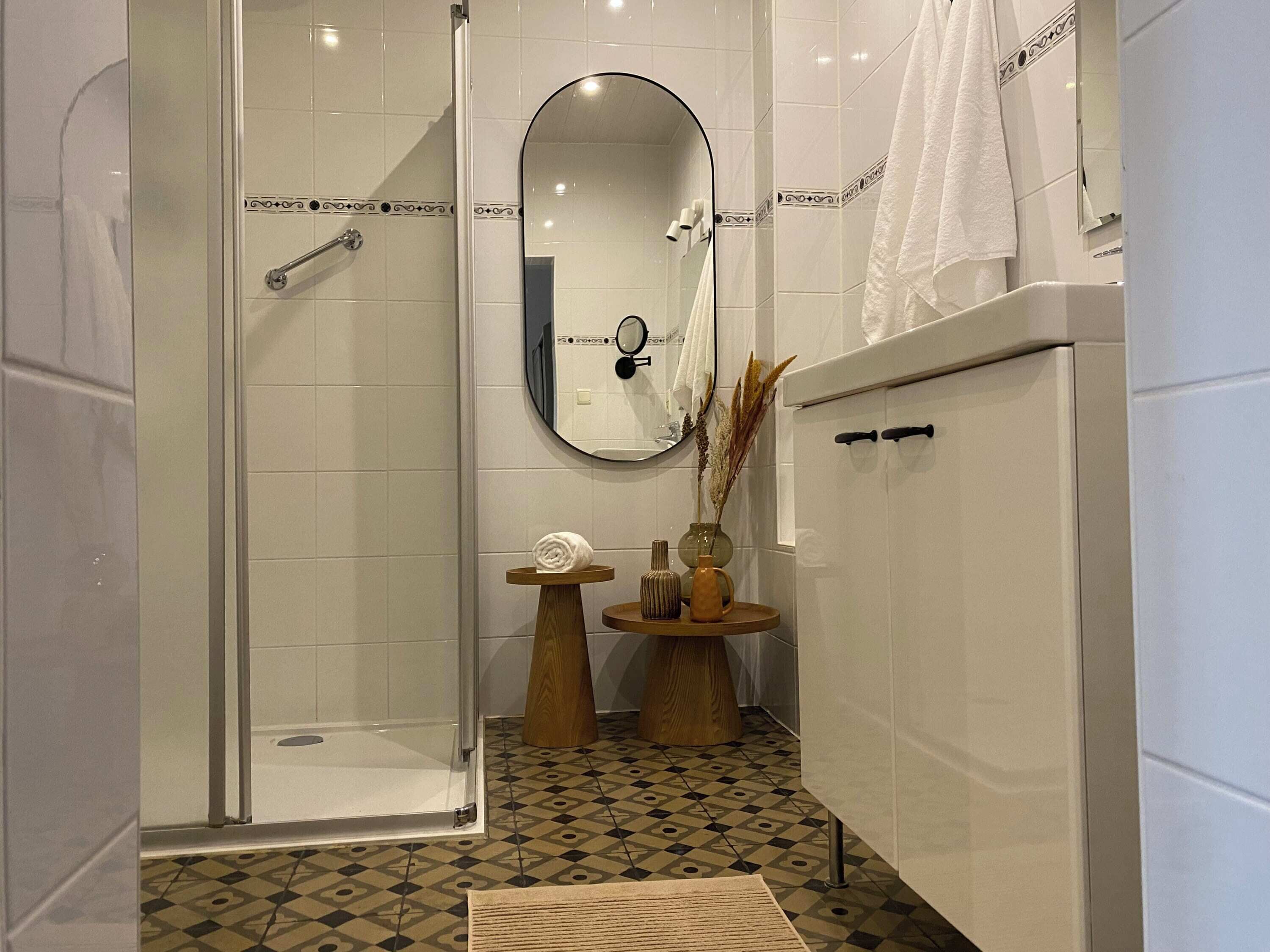Shower, hair dryer, soap, shampoo