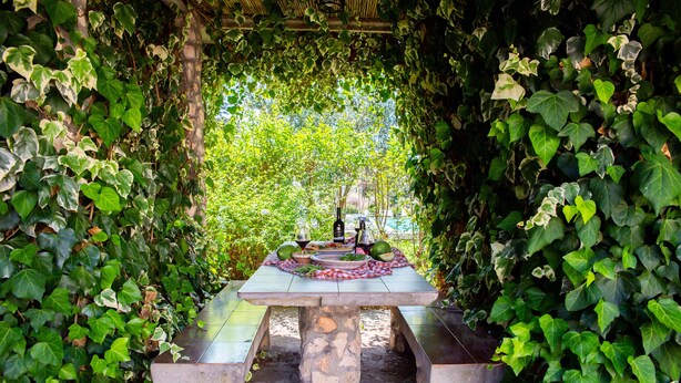 Ein Steintisch mit Picknickdecke in einem Efeu bewachsenen Garten.