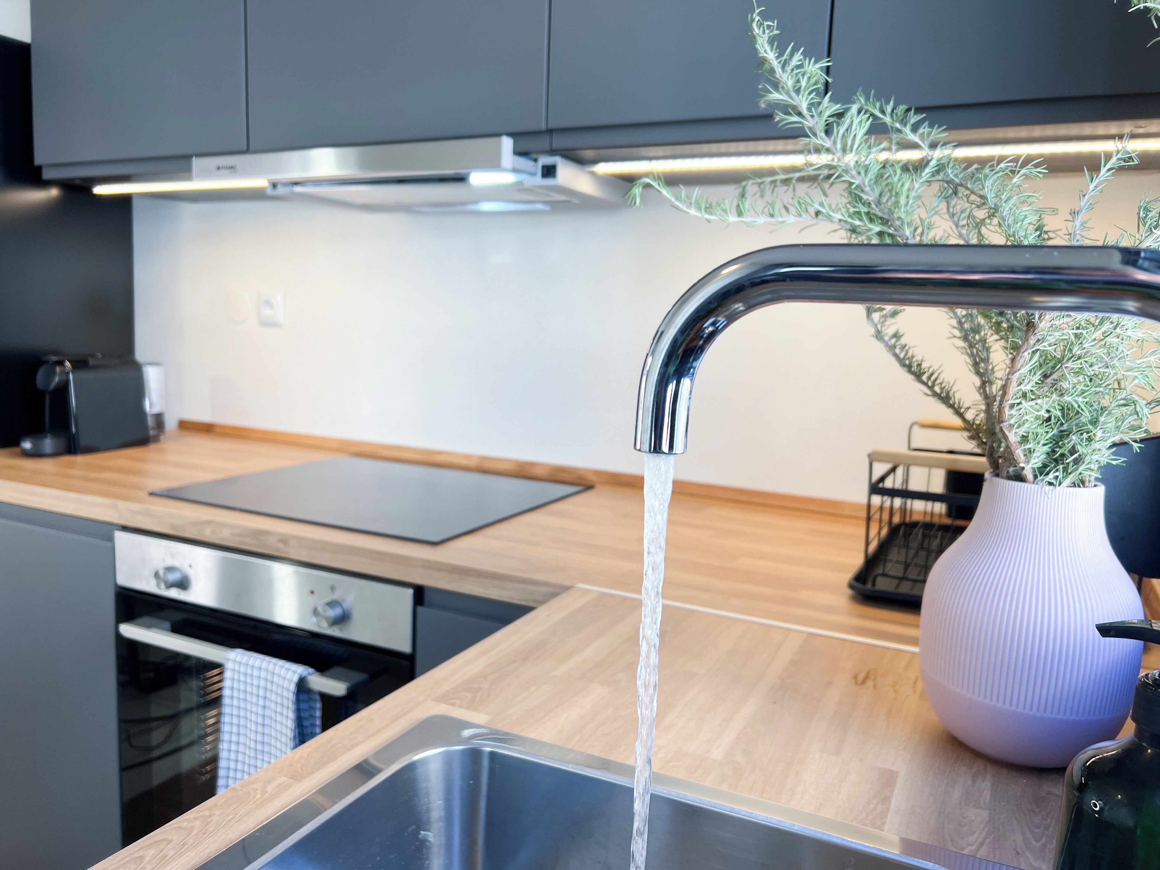 Kjøleskap, ovn, kokeplater og kaffetrakter/tekoker