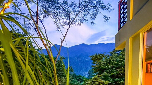 A pathway leading to a yellow building with a view of mountains and lush greenery. - Casa Li Tayrona (Santa Marta)