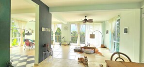 Un vaste espace de vie avec une grande fenêtre, un ventilateur de plafond et un chien allongé sur le sol.