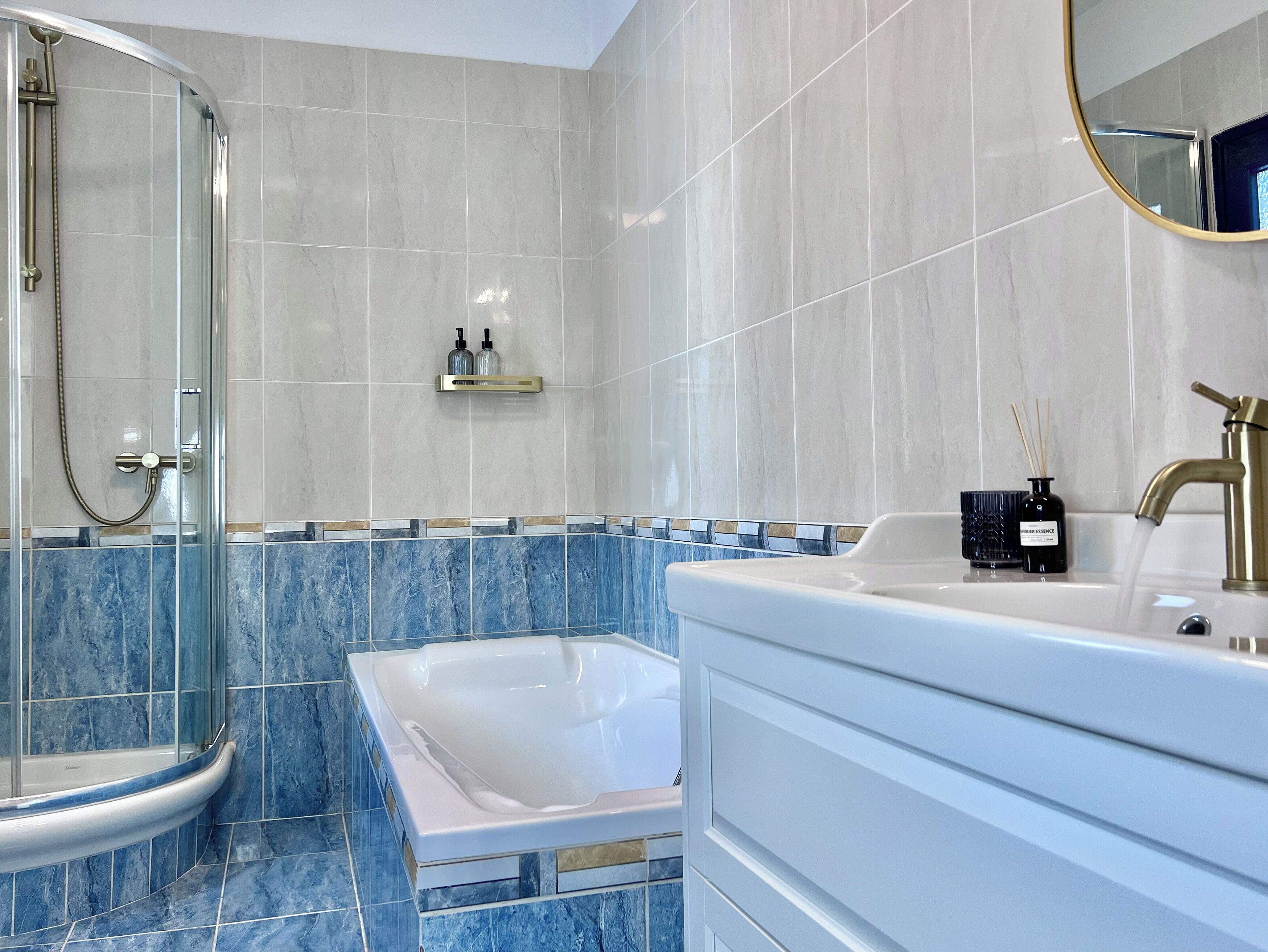 Hair dryer, towels, soap, shampoo