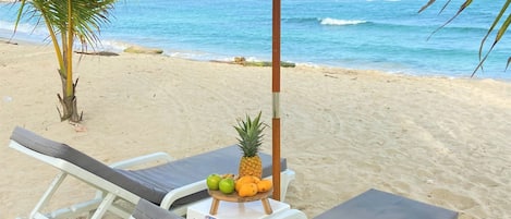 On the beach, white sand