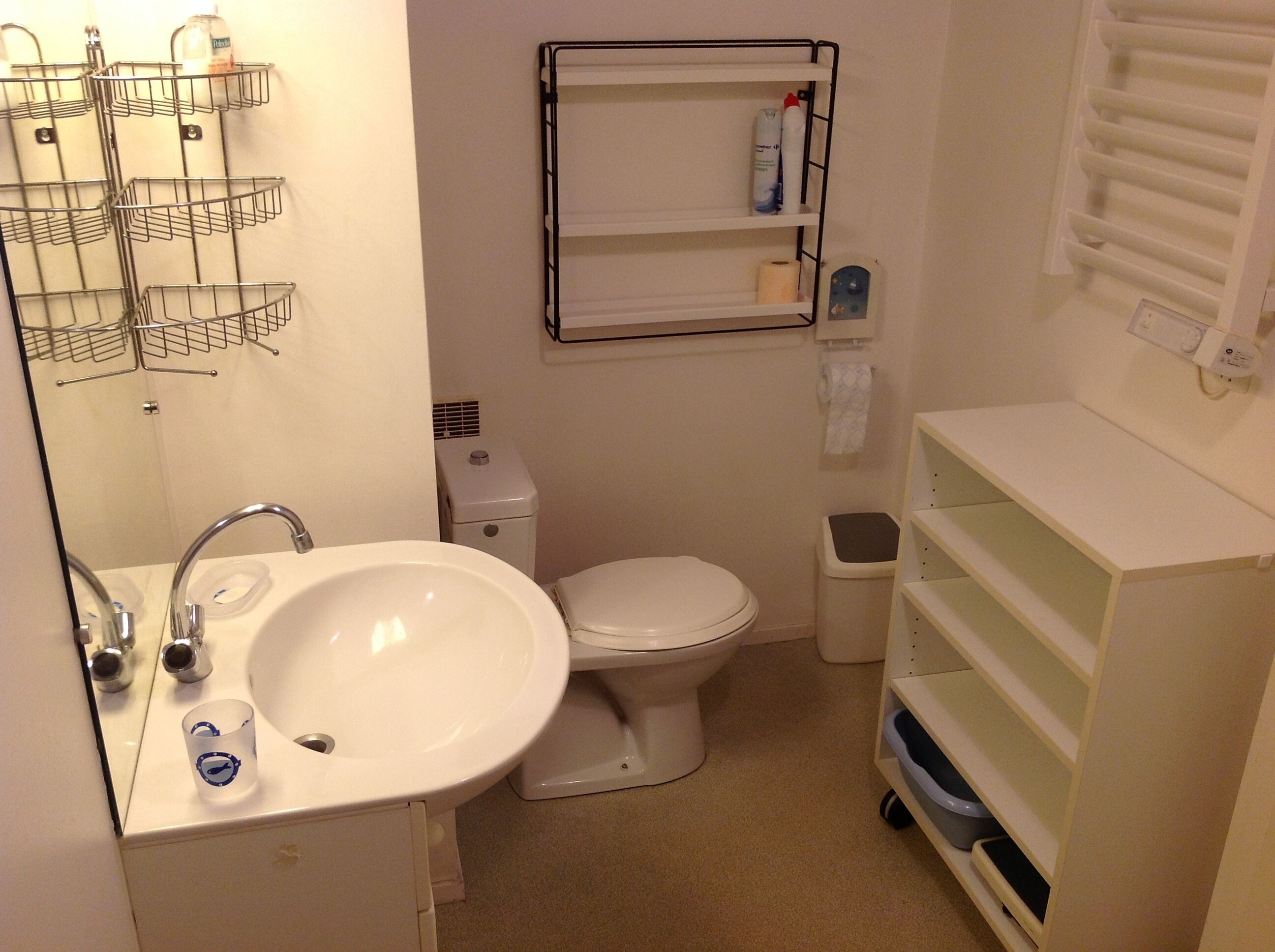 Ein kleines Badezimmer mit Waschbecken, Toilette und Ablageflächen.