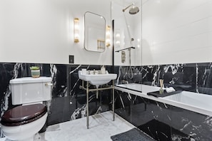 Hair dryer, towels, soap, toilet paper