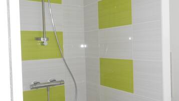 Regadera, secadora de cabello, toallas, papel de baño